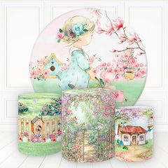 Aperturee Girl In Floral Garden Round Birthday Backdrop Kit For