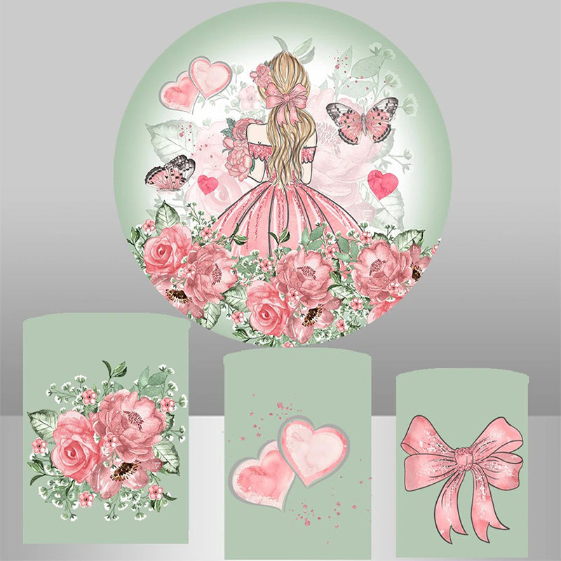 Aperturee Girl Pink Dress Floral Butterfly Round Backdrop Kit