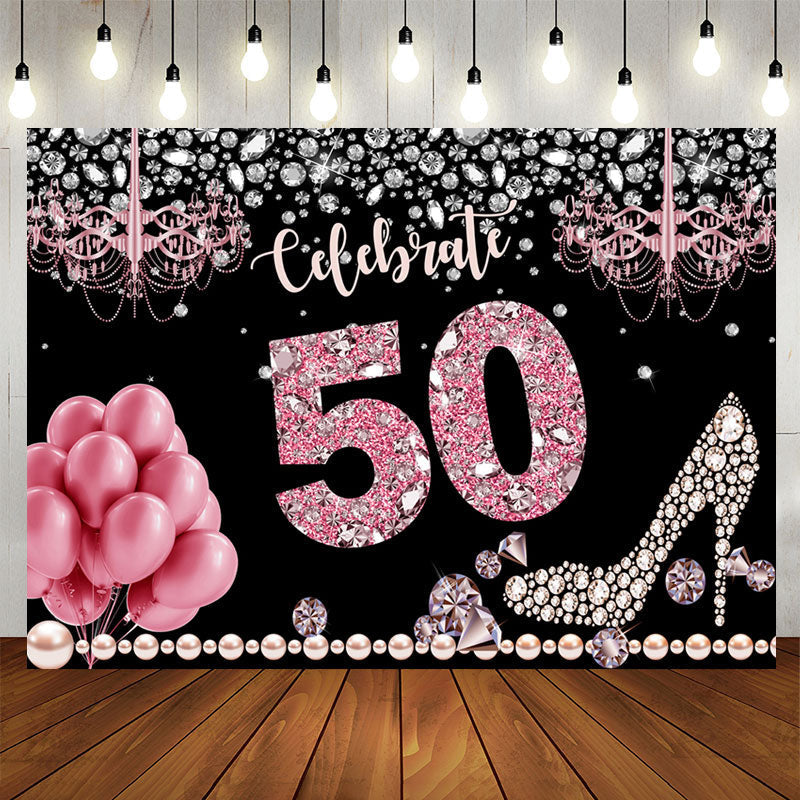 Aperturee - Glitter And Bokeh Balloon Happy 50Th Birthday Backdrop