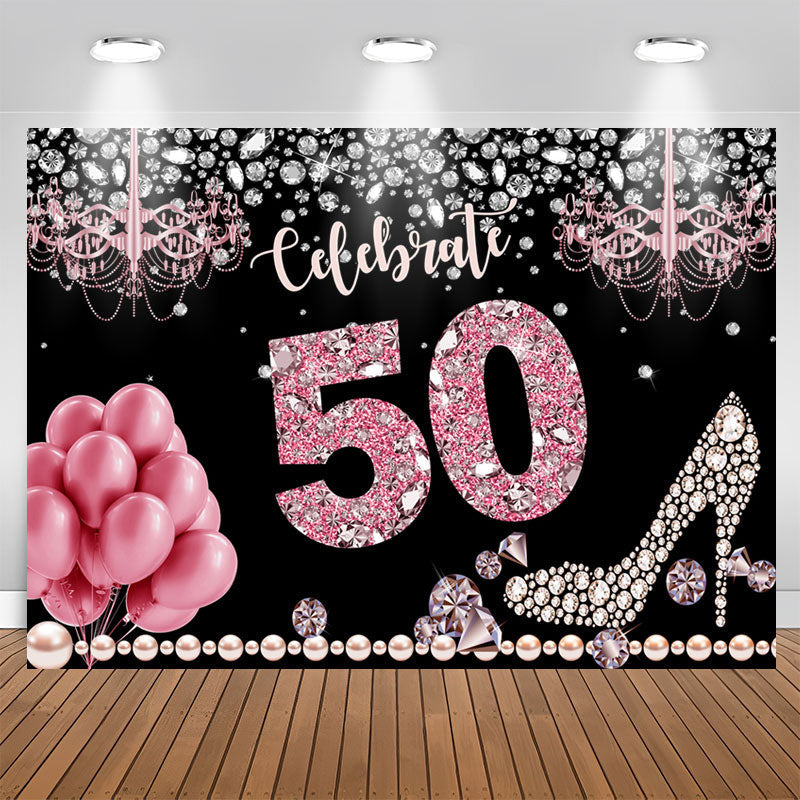 Aperturee - Glitter And Bokeh Balloon Happy 50Th Birthday Backdrop