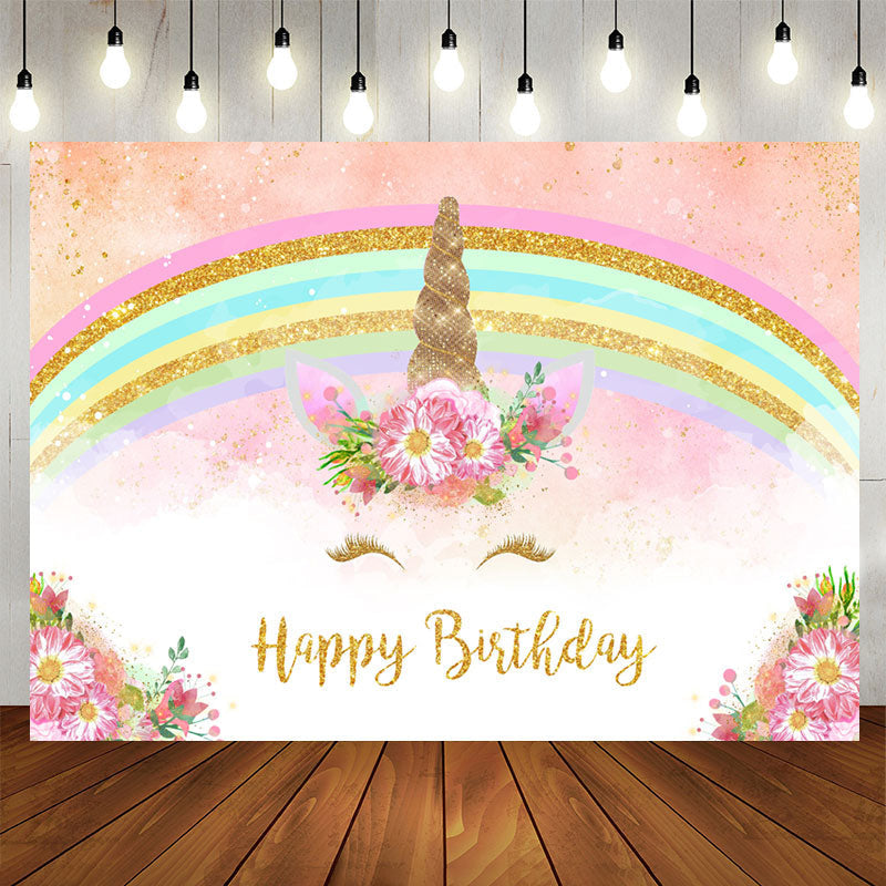 Aperturee - Glitter And Floral Unicorn Happy Birthday Backdrop