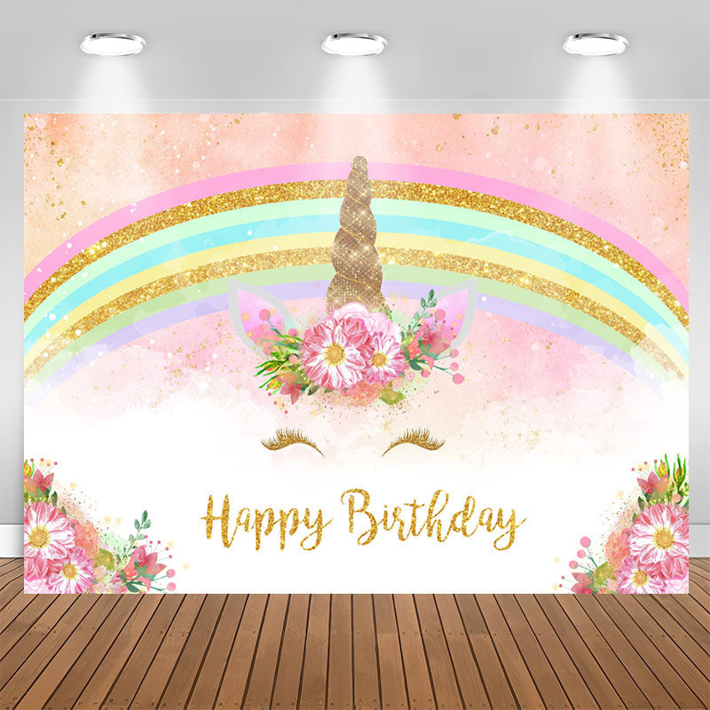 Aperturee - Glitter And Floral Unicorn Happy Birthday Backdrop