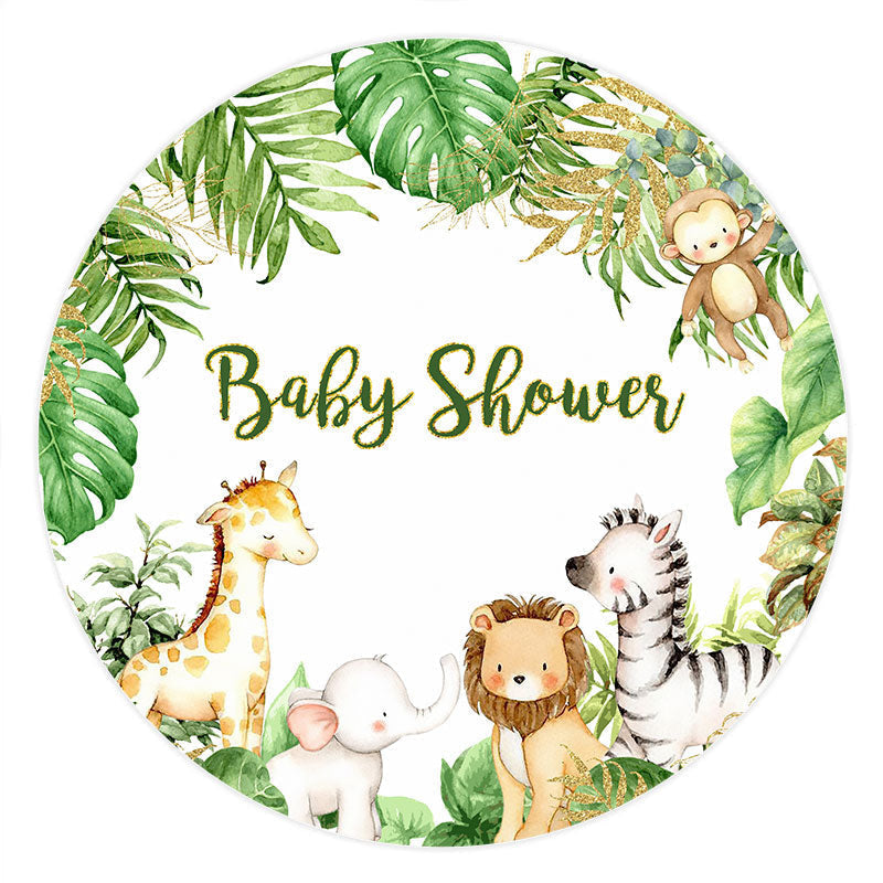 Aperturee Glitter And Green Leaves Round Animals Baby Shower Backdrop