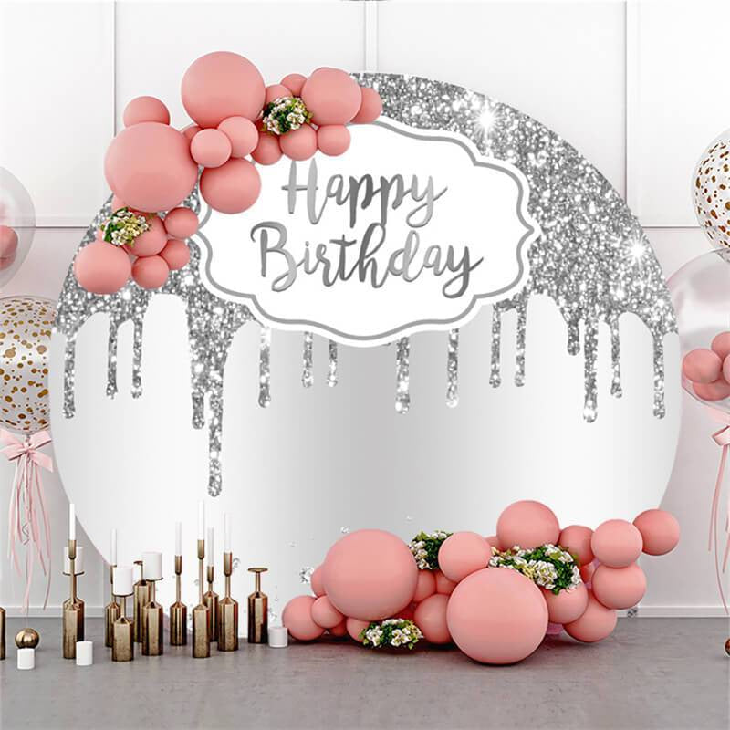 Aperturee Glitter And Silver Simple Round Happy Birthday Backdrop