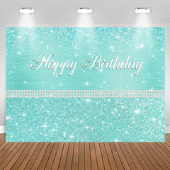 Aperturee - Glitter And Tiffany Bule Pearl Happy Birthday Backdrop