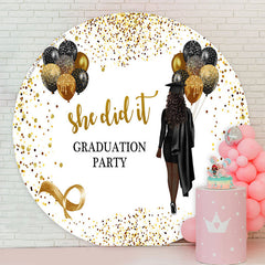 Aperturee - Glitter Black Gold She Did It Grad Round Backdrop