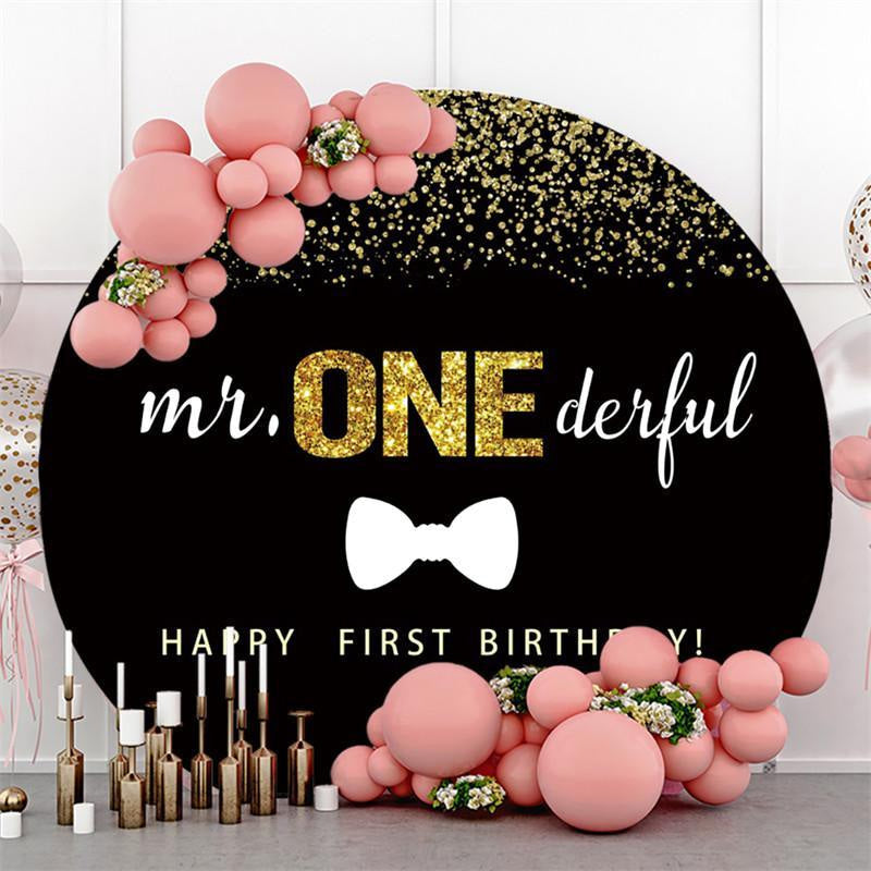 Aperturee Glitter Black Mr Onederful Happy Birthday Circle Backdrop