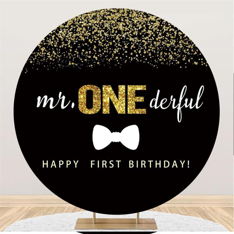 Aperturee Glitter Black Mr Onederful Happy Birthday Circle Backdrop