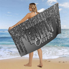 Aperturee - Glitter Black Silver Custom Name Beach Pool Towel