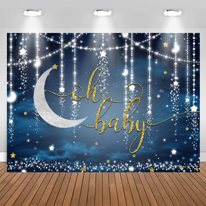 Aperturee - Glitter Blue Moon And Stars Themed Baby Shower Backdrop