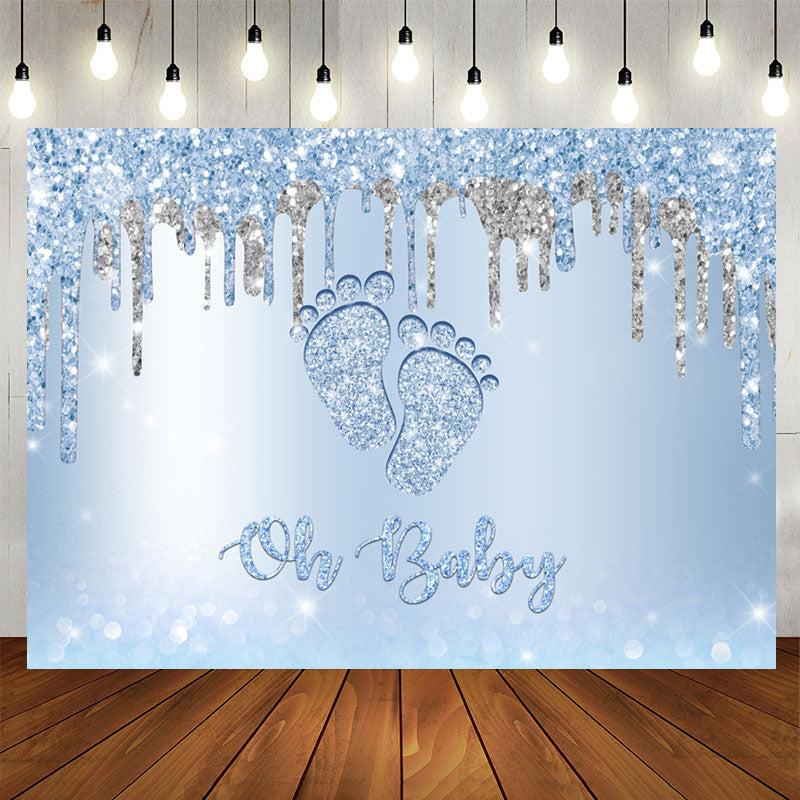 Aperturee - Glitter Blue Oh Baby Feet Backdrop Baby Shower for Boy