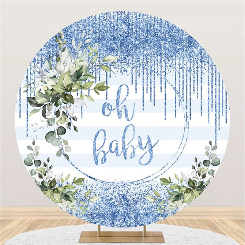 Aperturee Glitter Blue Oh Baby Stripe Round Baby Shower Backdrop