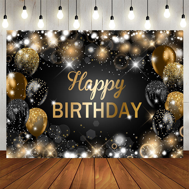 Aperturee - Glitter Bokeh Black Gold Balloon Happy Birthday Backdrop