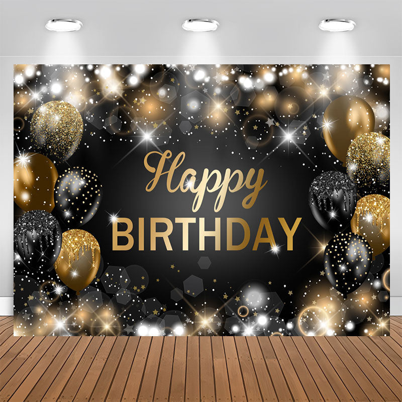 Aperturee - Glitter Bokeh Black Gold Balloon Happy Birthday Backdrop