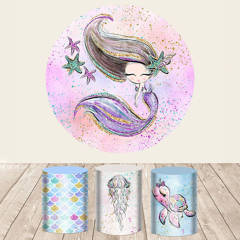 Aperturee Glitter Cute Mermaid Happy Birthday Round Backdrop Kit