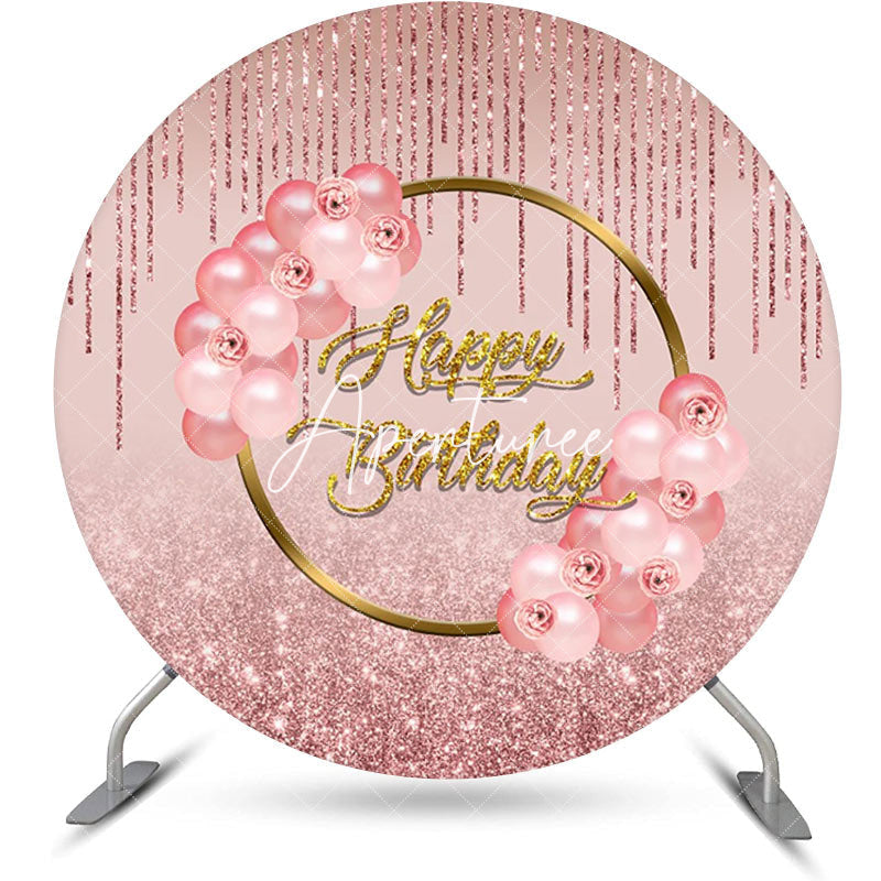 Aperturee - Glitter Floral Rose Gold Round Birthday Backdrop