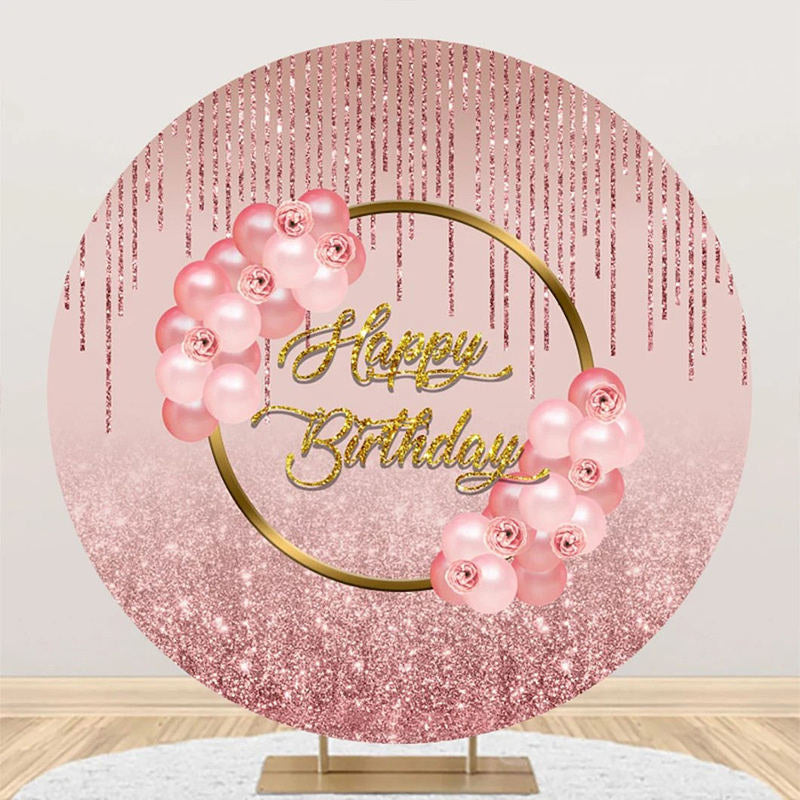 Aperturee - Glitter Floral Rose Gold Round Birthday Backdrop