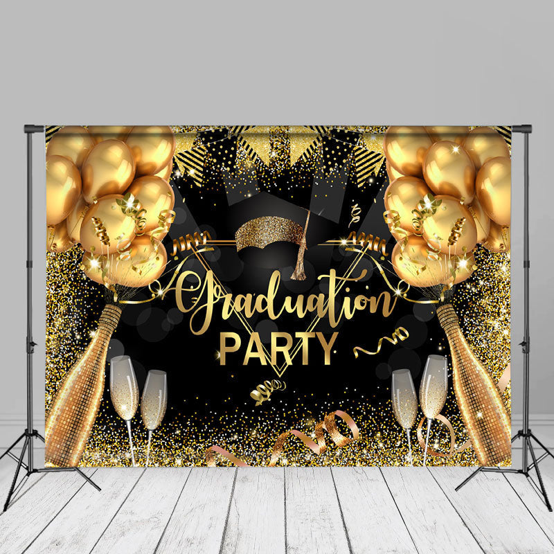 Aperturee - Glitter Gold Balloons Black Grad Party Photo Backdrop