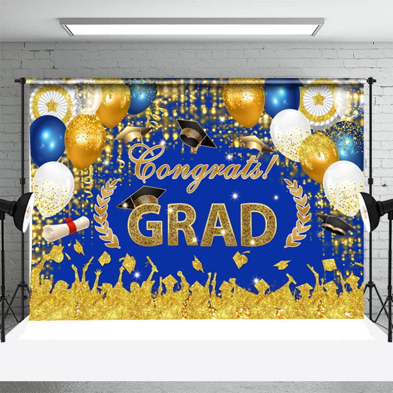 Aperturee - Glitter Gold Blue Balloons Backdrop For Graduation