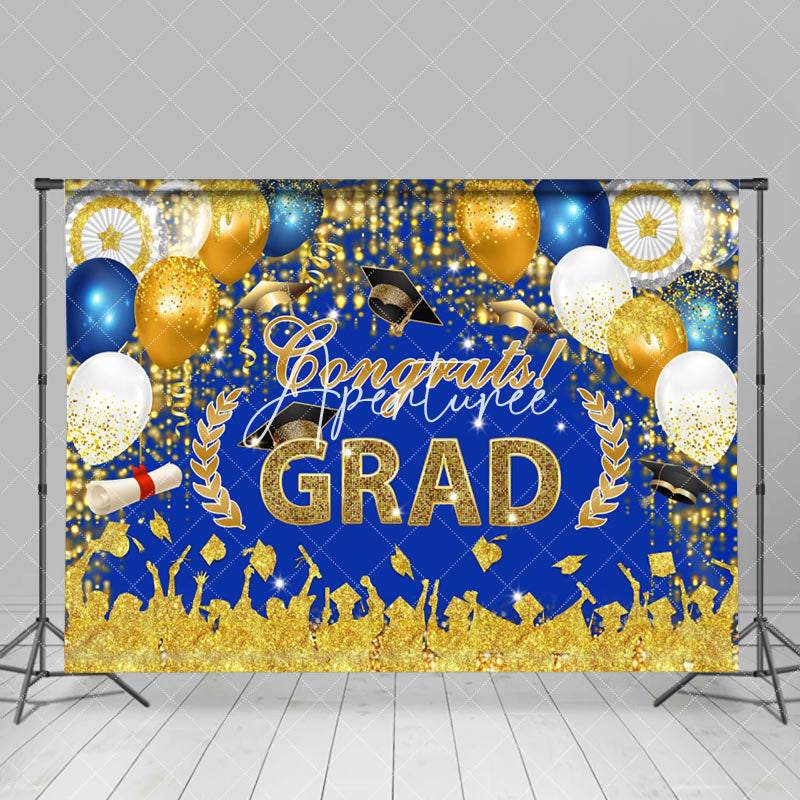 Aperturee - Glitter Gold Blue Balloons Backdrop For Graduation