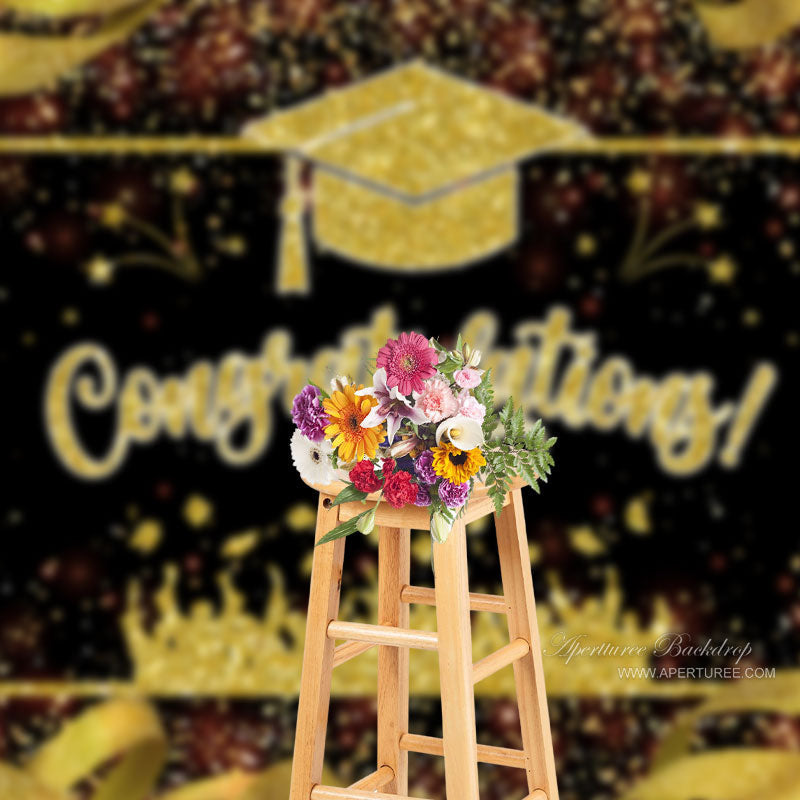 Aperturee - Glitter Gold Cap Congratulations Grad Photo Backdrop