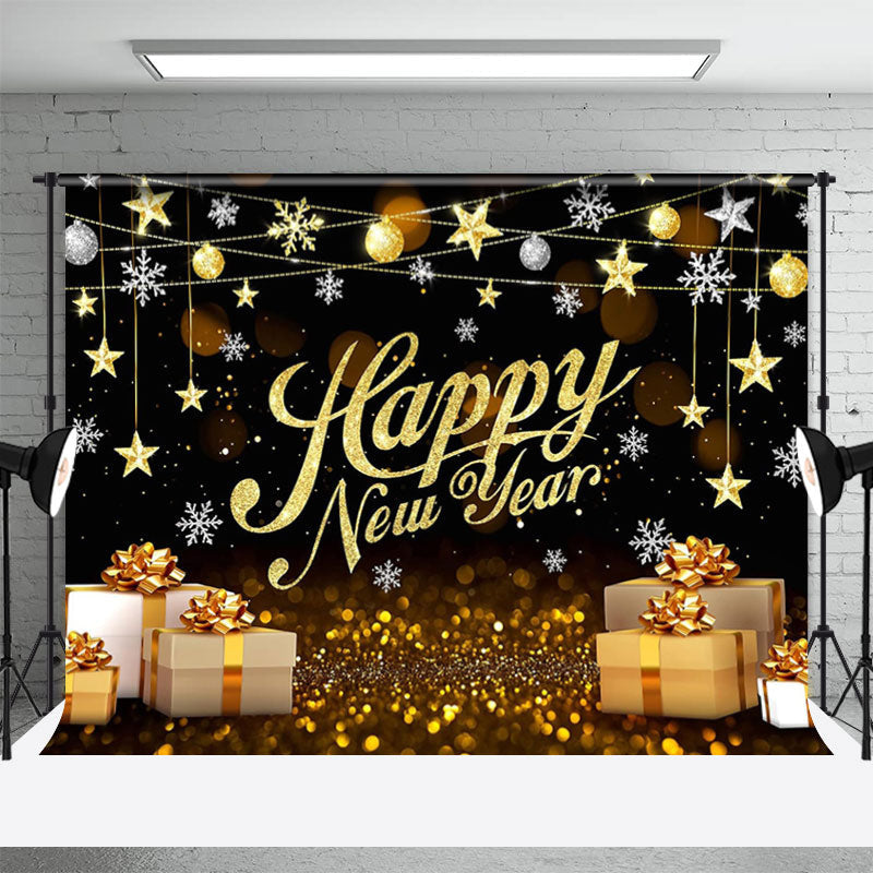 Aperturee - Glitter Gold Gift Box Snowflake New Year Backdrop