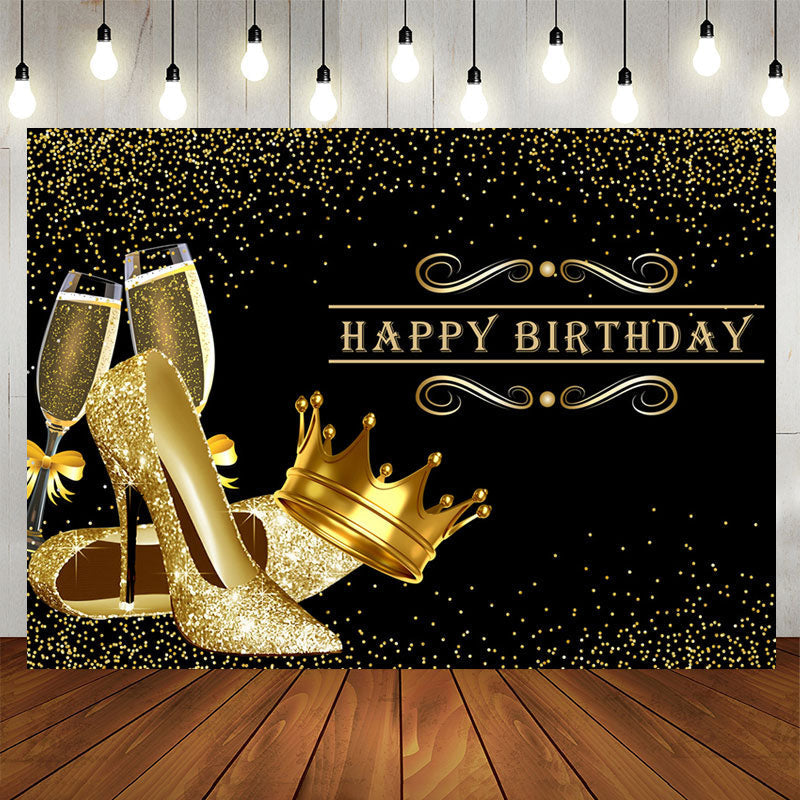 Aperturee - Glitter Golden Heels Crown Black Birthday Backdrop