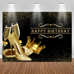 Aperturee - Glitter Golden Heels Crown Black Birthday Backdrop