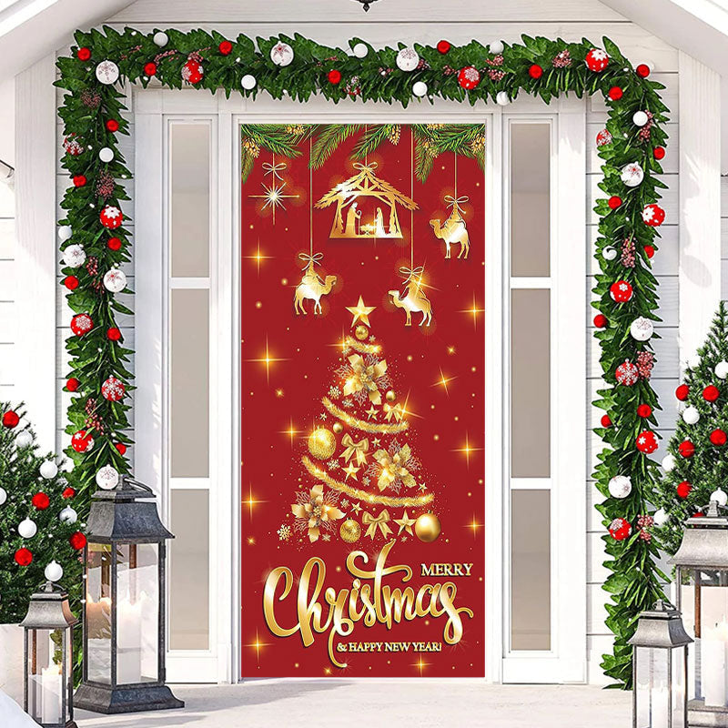 Aperturee - Glitter Golden Xmas Tree Red Christmas Door Cover