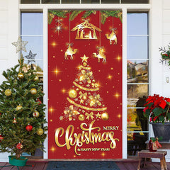 Aperturee - Glitter Golden Xmas Tree Red Christmas Door Cover