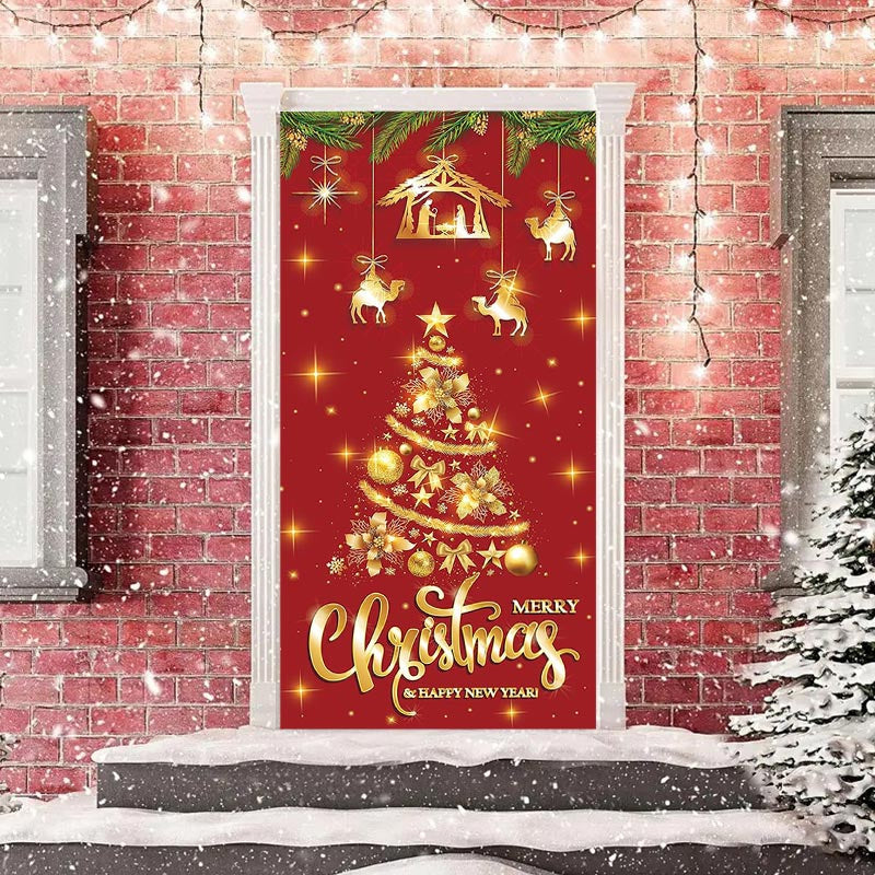 Aperturee - Glitter Golden Xmas Tree Red Christmas Door Cover