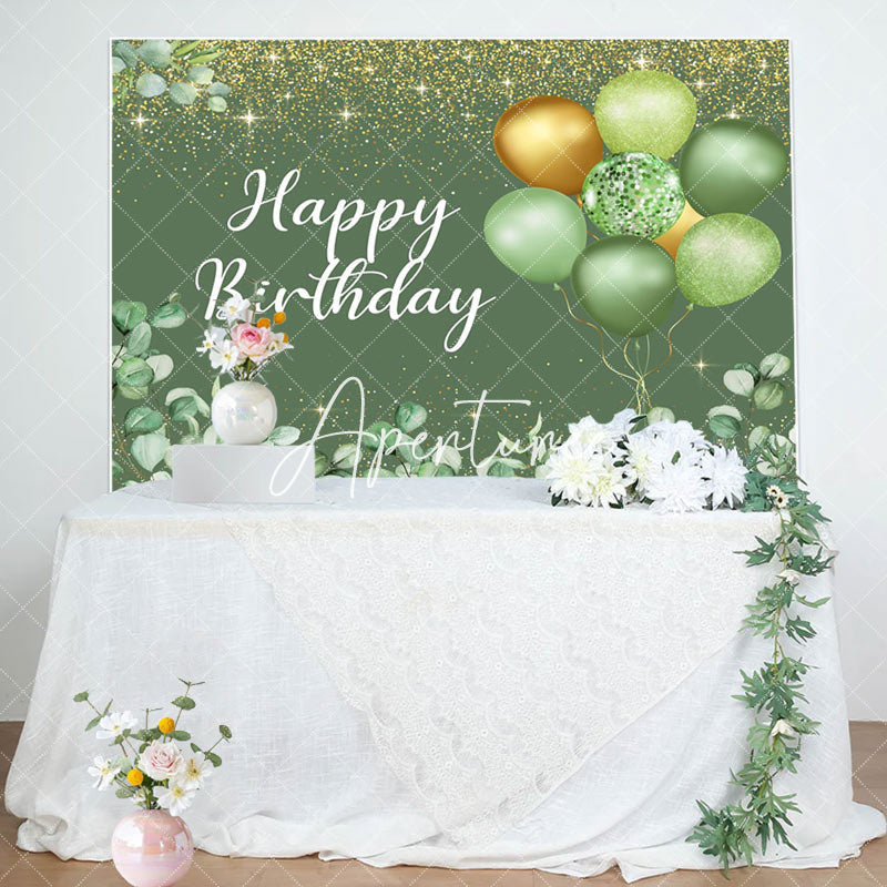 Aperturee - Glitter Green Balloons Happy Birthday Backdrop