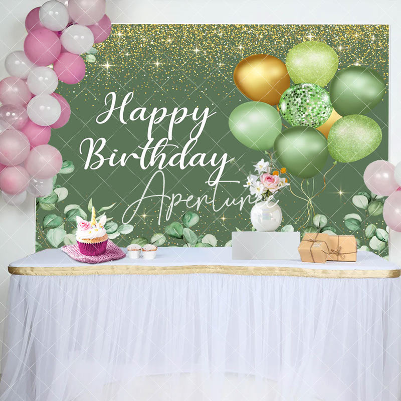 Aperturee - Glitter Green Balloons Happy Birthday Backdrop