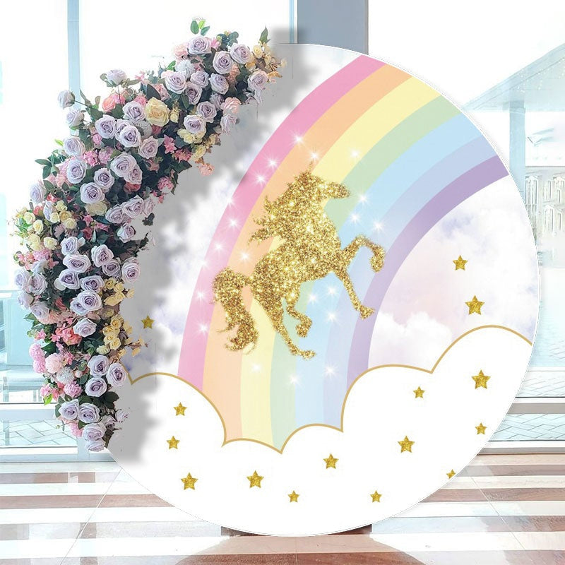 Aperturee - Glitter Horse Rainbow And Star Circle Birthday Backdrop