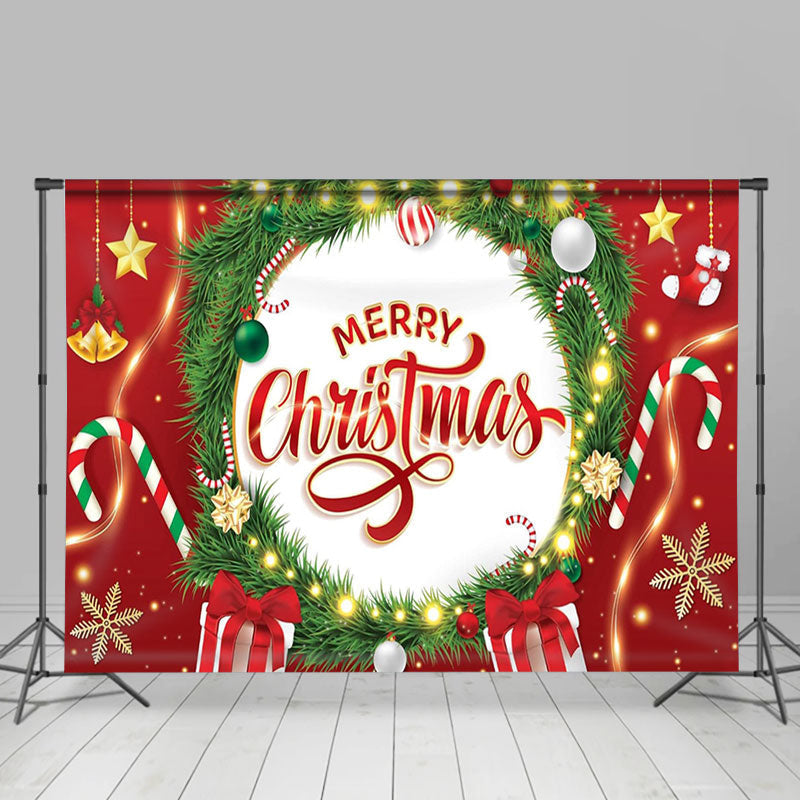 Aperturee - Glitter Light Green Wreath Red Christmas Backdrop