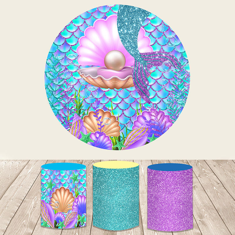 Aperturee Glitter Mermaid Purple Sea Themed Round Backdrop Kit