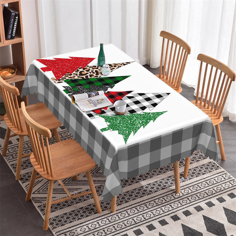 Aperturee - Glitter Pine Trees Grey Plaid Christmas Tablecloth