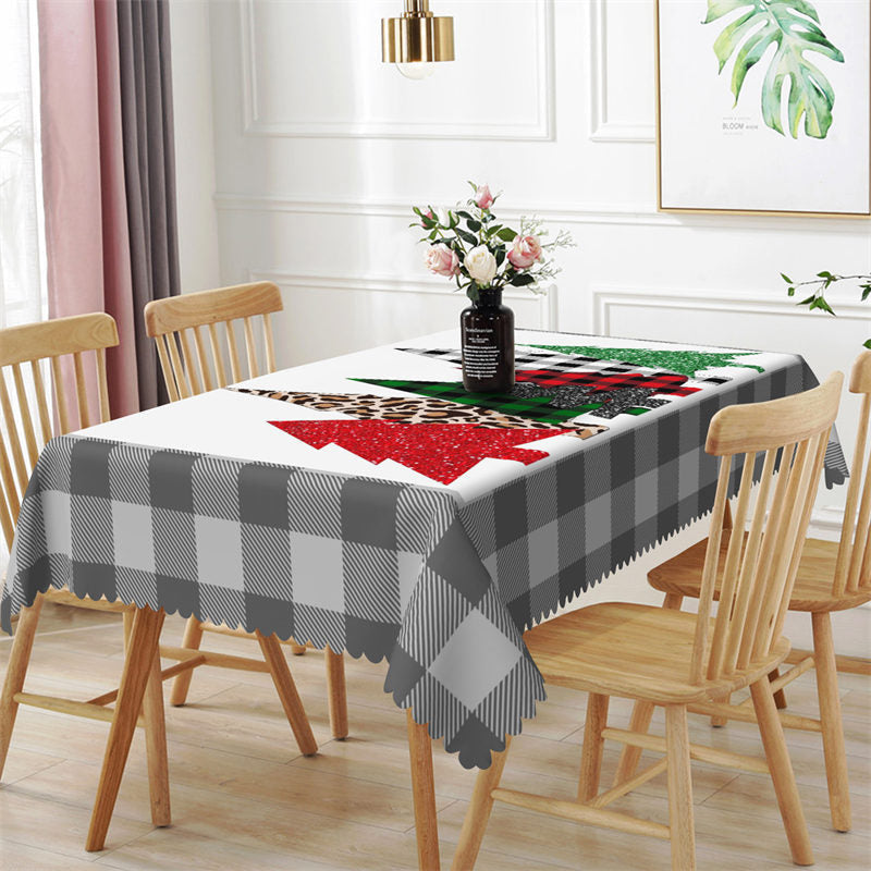 Aperturee - Glitter Pine Trees Grey Plaid Christmas Tablecloth