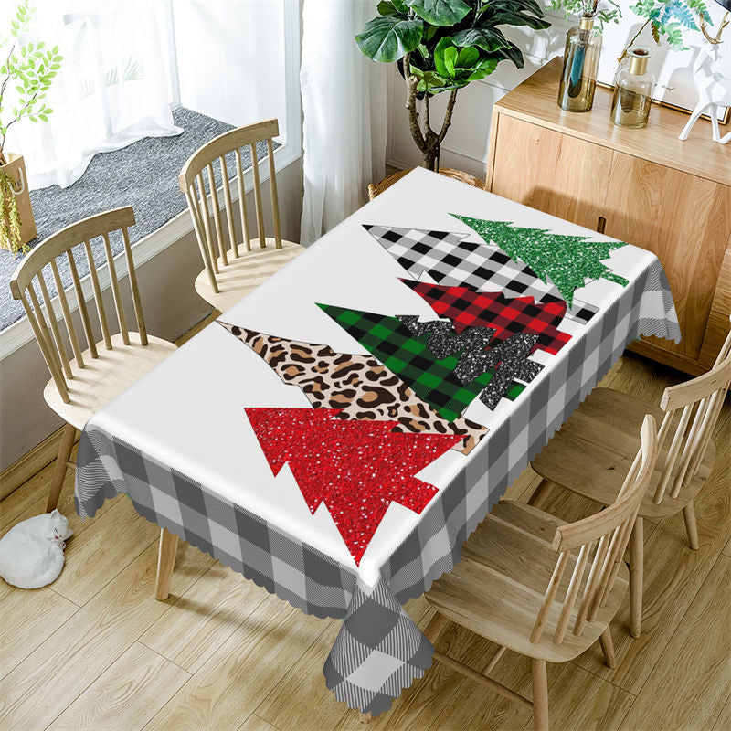 Aperturee - Glitter Pine Trees Grey Plaid Christmas Tablecloth