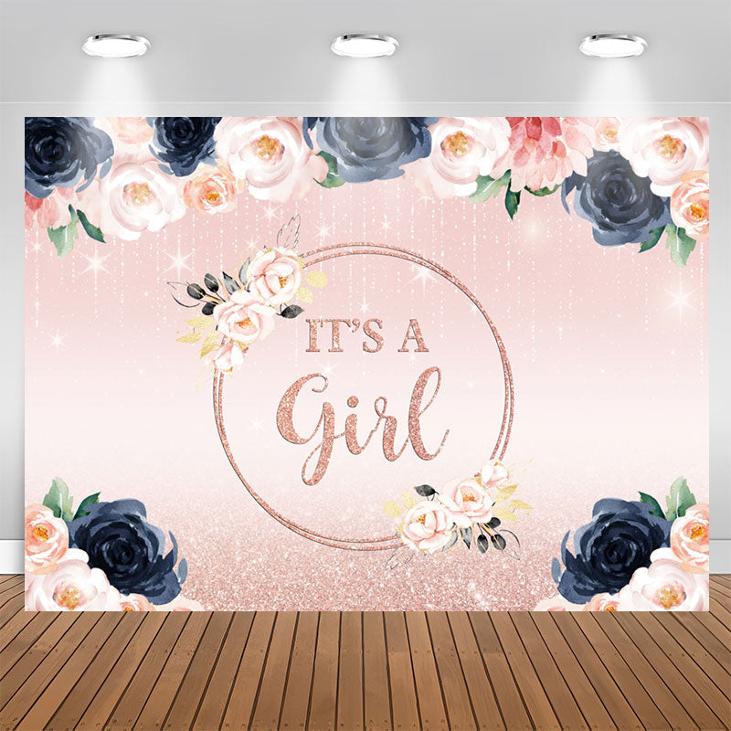 Aperturee - Glitter Pink And Floral Its A Girl Baby Shower Backdrop