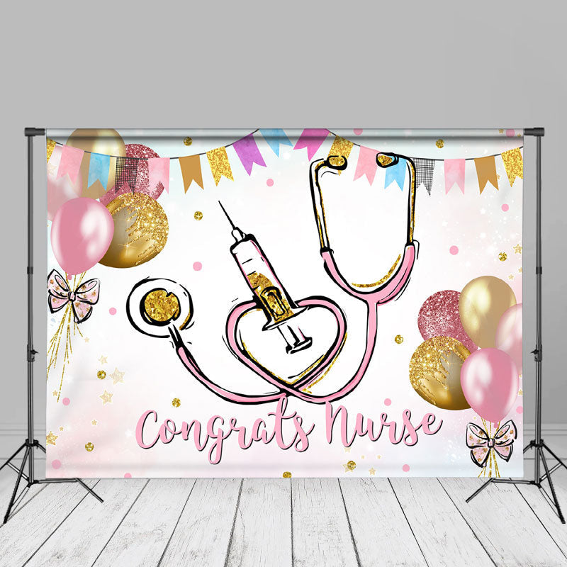 Aperturee - Glitter Pink Balloons Congrats Nurse Photo Backdrop