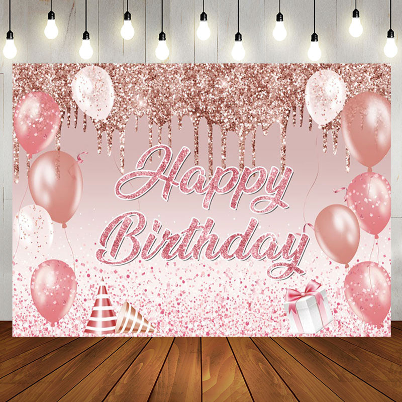 Aperturee - Glitter Pink Balloons Gift Happy Birthday Backdrop