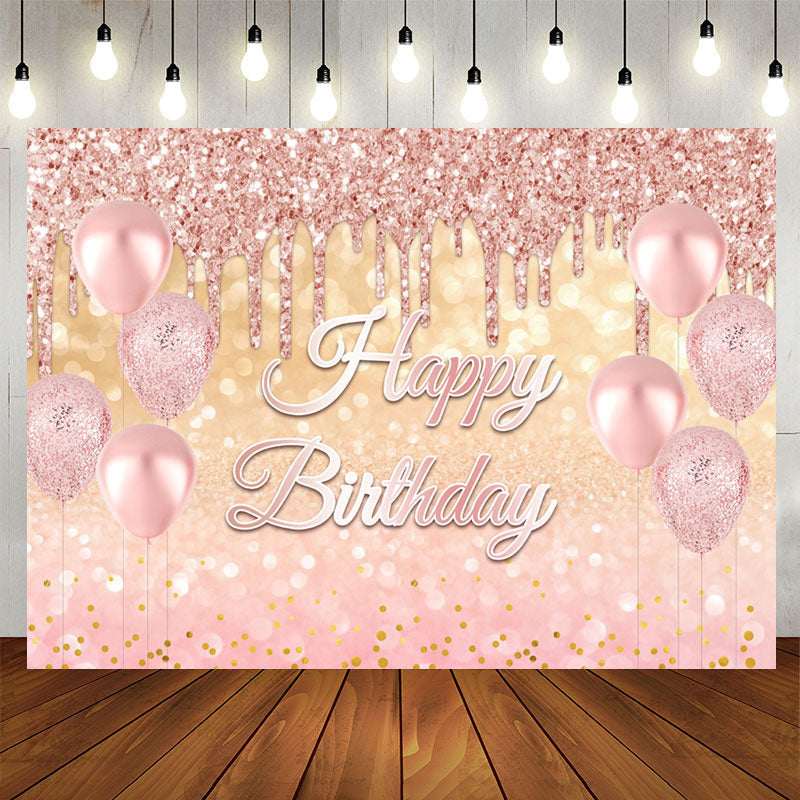 Aperturee - Glitter Pink Balloons Rose Gold Happy Birthday Backdrop