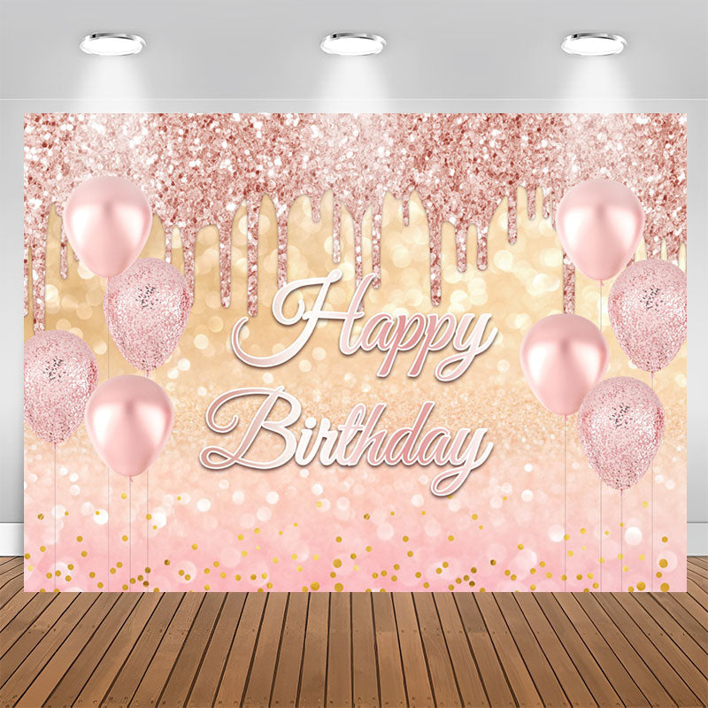 Aperturee - Glitter Pink Balloons Rose Gold Happy Birthday Backdrop