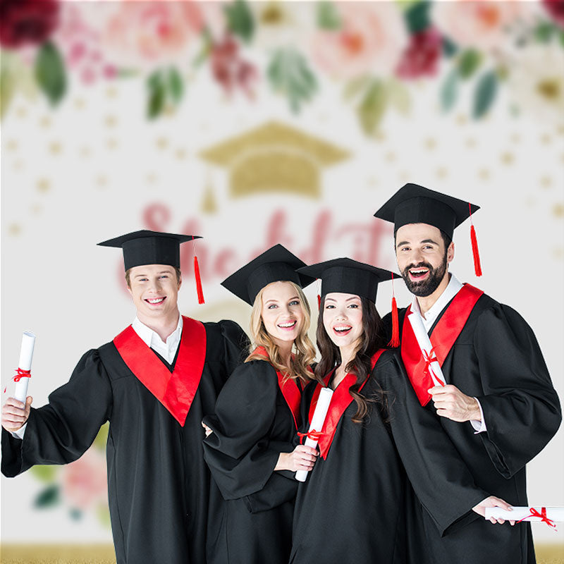 Aperturee - Glitter Pink Floral She Did It Graduation Backdrop