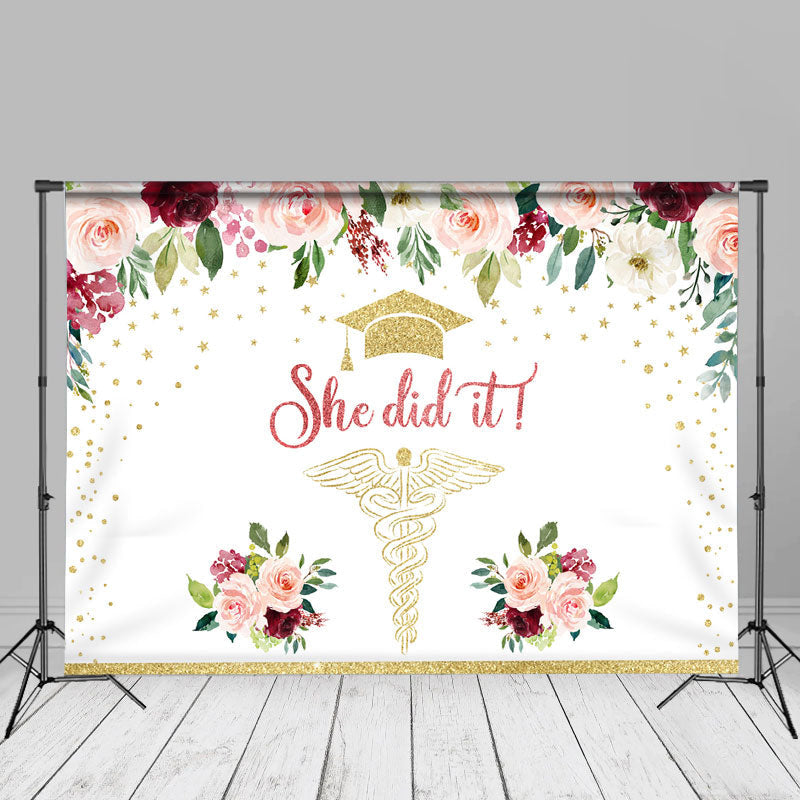 Aperturee - Glitter Pink Floral She Did It Graduation Backdrop