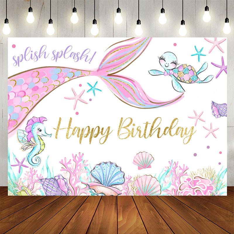 Aperturee - Glitter Pink Mermaid In The Sea Happy Birthday Backdrop