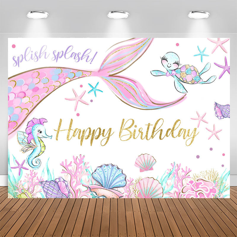 Aperturee - Glitter Pink Mermaid In The Sea Happy Birthday Backdrop