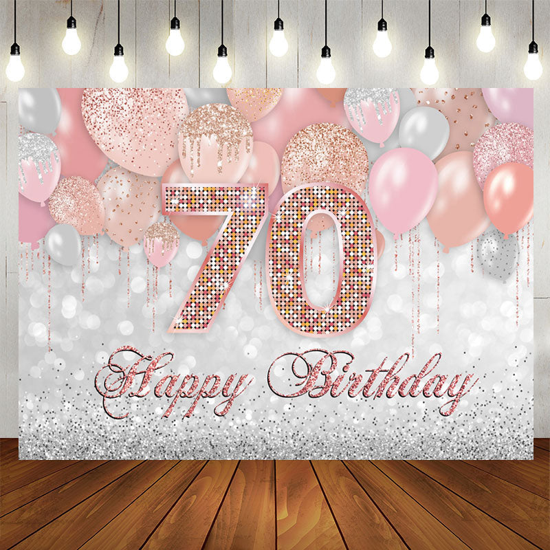 Aperturee - Glitter Pink Silver Balloon Happy 70Th Birthday Backdrop