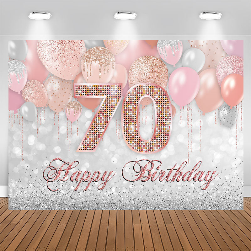 Aperturee - Glitter Pink Silver Balloon Happy 70Th Birthday Backdrop